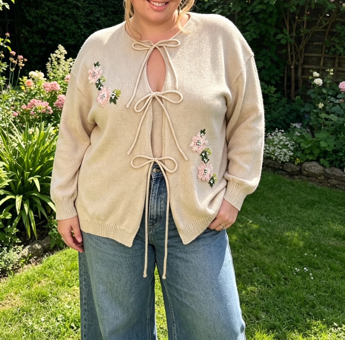 Beige tie up cardigan with pink floral design Size 26