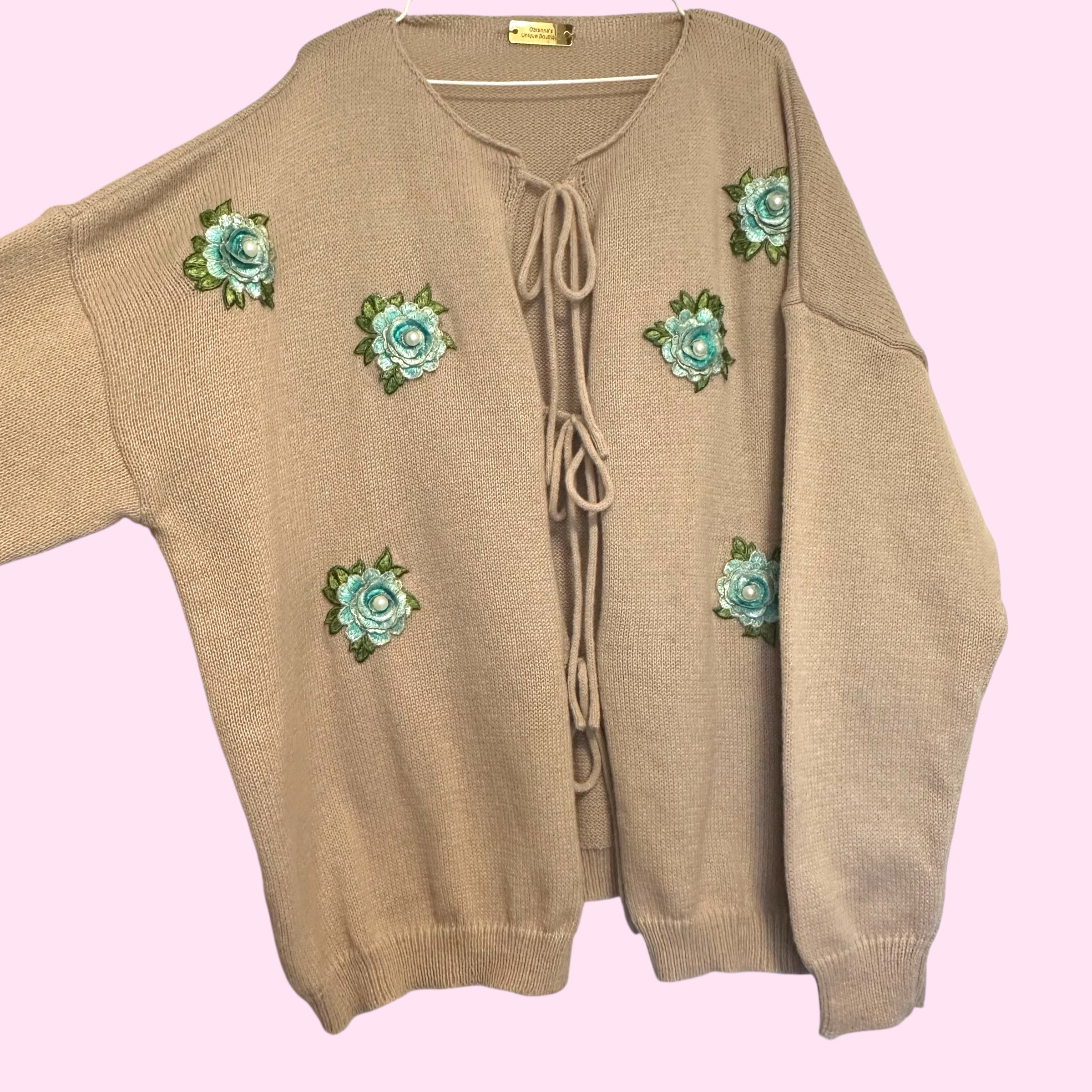 Beige tie up cardigan with turquoise pearl roses Size 26