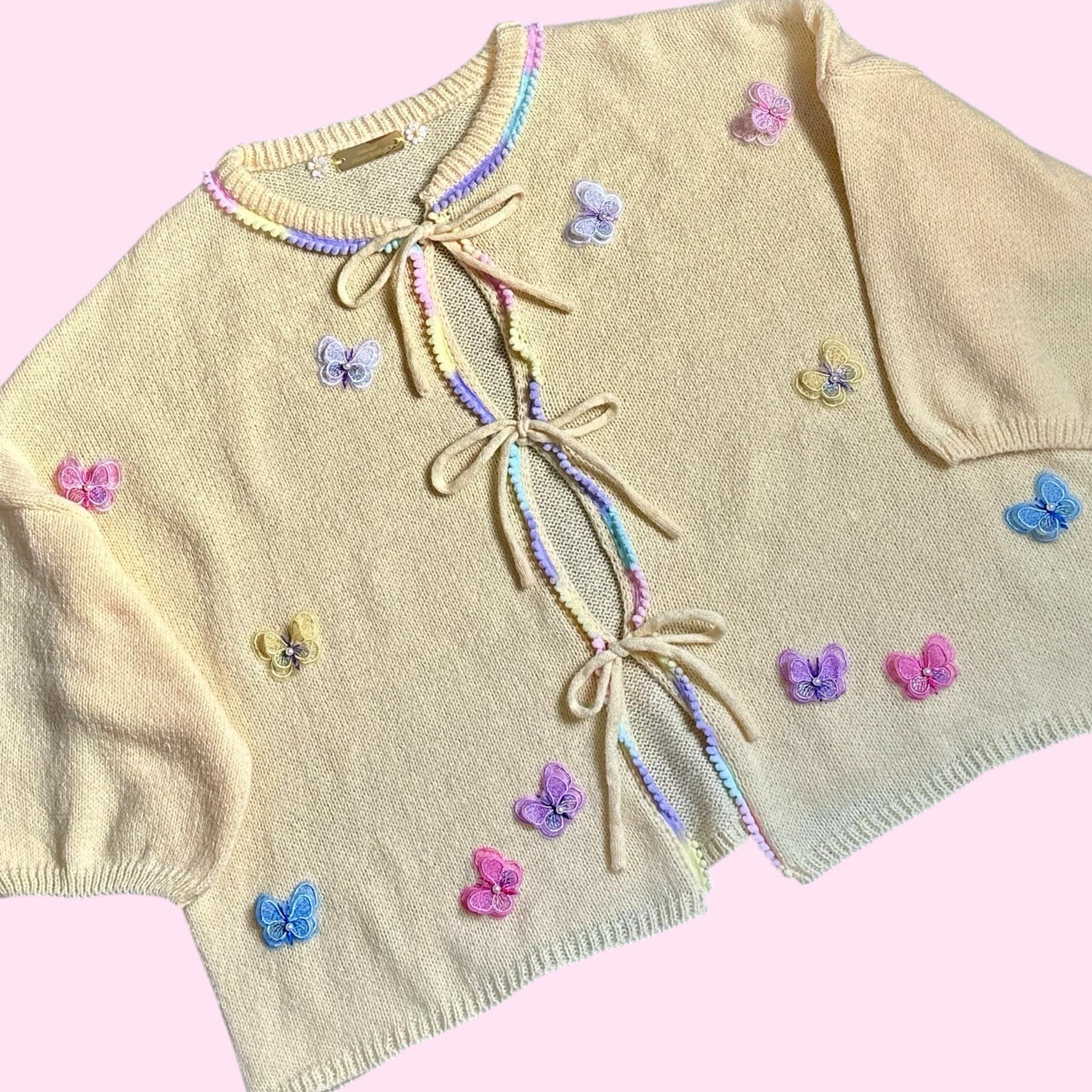 Three Quarter sleeve lemon rainbow pom pom tie up cardigan Size 26